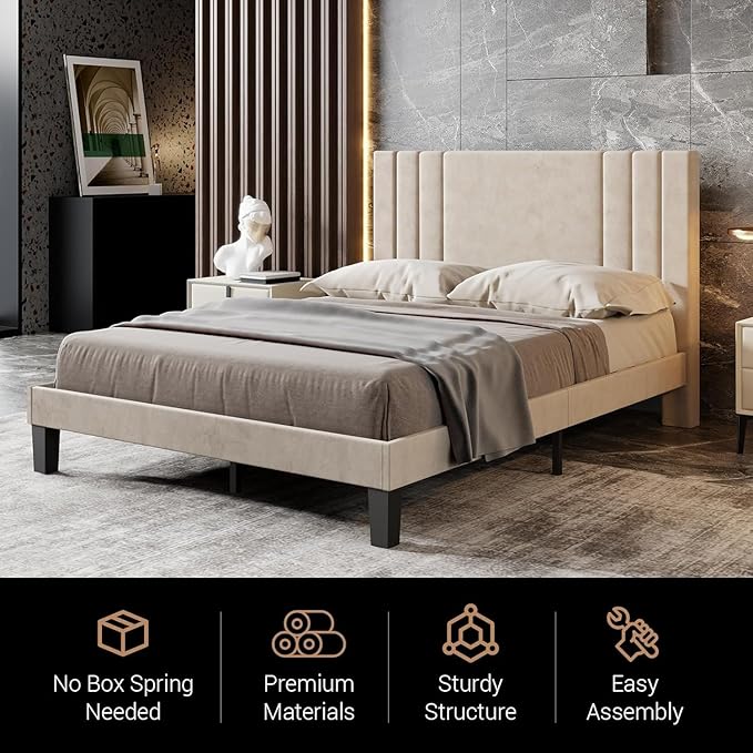 Tyndall Full Size Bed Frame, Velvet Upholstered Platform with Headboard, Beige