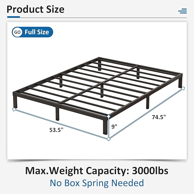 9 Inch Low Full Size Bed Frame Heavy Duty Metal Platform, No Box Spring Needed, Easy Assembly Mattress Foundation, No Noise, Black