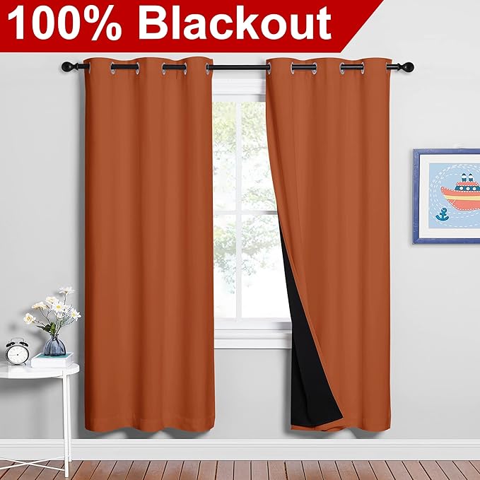 NICETOWN 100% Blackout Window Curtain Panels, Full Light Blocking Drapes with Black Liner for Nursery, 72-inch Drop Thermal Insulated Draperies (Burnt Orange, 2 Pieces, 42-inch Wide Per Panel)