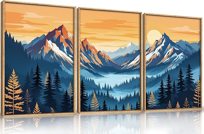 HLNIUC Boho Abstract Blue Orange Mountain Wall Art Framed, Large Pine Tree Ridge Wall Decor set of 3 (24"x36"), Sunset Forest Landscape Canvas Painting, Nature Prints for Living Room, Bedroom, Office