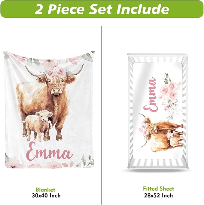 Personalized Crib Bedding Set for Boys Girls, Custom Baby Crib Sets with Name, Pink Highland Cow Design Nursery Bedding 2 Piece - Soft Blanket with Double Layer Dotted Backing, Crib Fitted Sheet