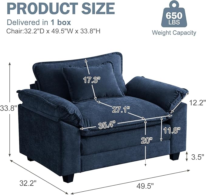 CDCASA Oversized Accent Chair, Chenille Mid Century Modern Armchair, Comfy Upholstered Seating Reading Cloud Sofa Chairs for Bedroom Living Room, Set of 2,Blue