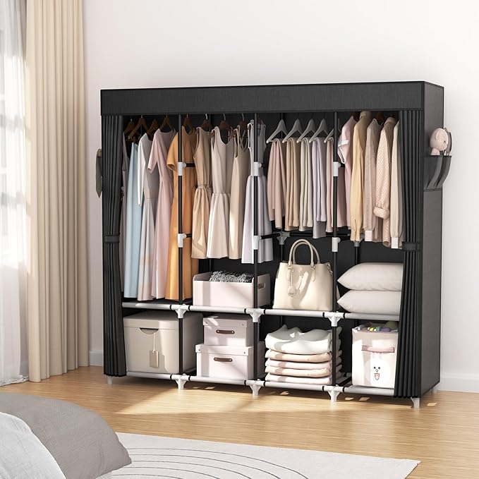 VTRIN Portable Closet for Hanging Clothes 67 Inch Wide Large Capacity Portable Wardrobe Closet with Cover, 4 Storage Shelves and 4 Hanging Rod Sturdy Free Standing Closet for Bedroom, Black
