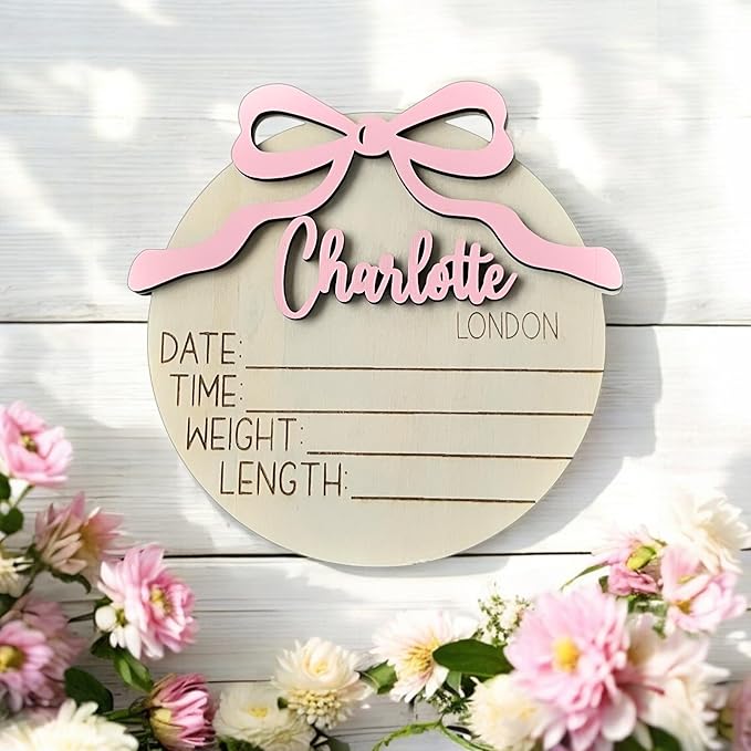 Generic Personalized 3D Baby Girl Name Announcement Sign with Bow - Custom Newborn Birth Stats - Hospital Photo Prop - Multiple Sizes & Fonts - 30 Color Options