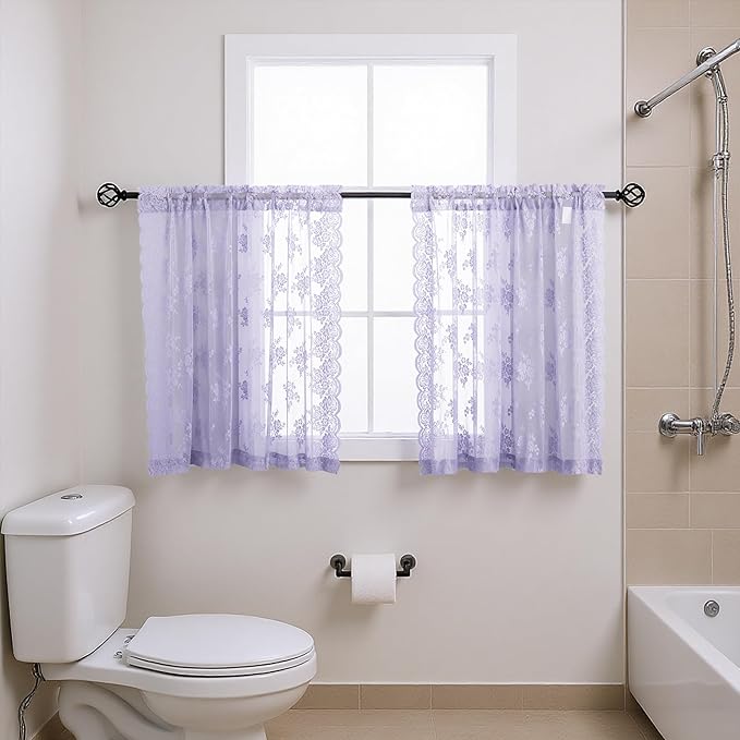 Light Purple Short Sheer Curtains 36 Inch Length, 2 Panels, W42 x L36 Inch Each, Country Rusitc Floral Vintage Small Lace Curtains for Kitchen Window Over Sink, Rod Pocket Privacy Lacy Tier Curtain