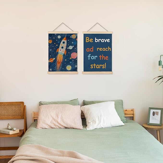 URLLUAE Rocket Space Wall Art Posters for Kids Room, Outer Space Planet Motivational Poster Hanger Frame for Boys Bedroom Classroom Nursery Playroom Wall Decor, 12x16 Inch Set of 2