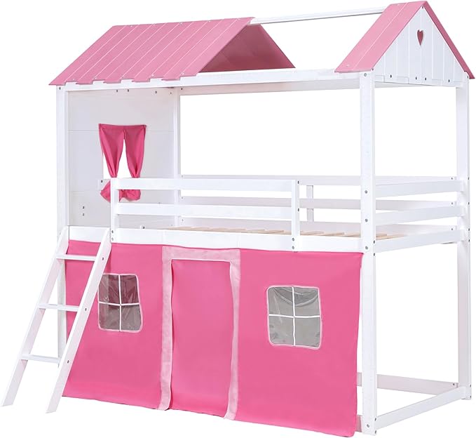 MERITLINE Full Over Full Princess Castle Bunk Bed with Tent,Ladders and Guardrail, Solid Wood Playhouse House Floor Bunk Bed with Windows and Roof (Full,Pink & White)