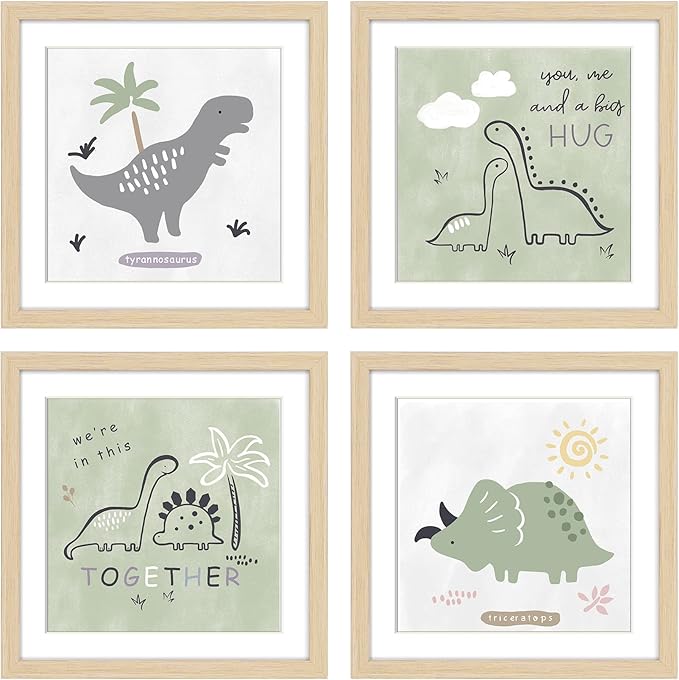 ArtbyHannah Framed Nursery Wall Decor, 10x10 inch Cute Baby Wall Art Room Decor for Kids, Safari Animals Prints with Adorable Dinosaurs Art Prints for Playroom Bedroom Baby Shower Decoration(4 Pack)
