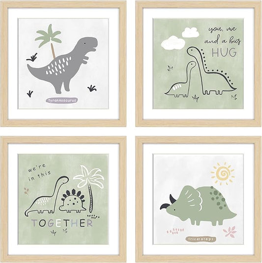 ArtbyHannah Framed Nursery Wall Decor, 10x10 inch Cute Baby Wall Art Room Decor for Kids, Safari Animals Prints with Adorable Dinosaurs Art Prints for Playroom Bedroom Baby Shower Decoration(4 Pack)
