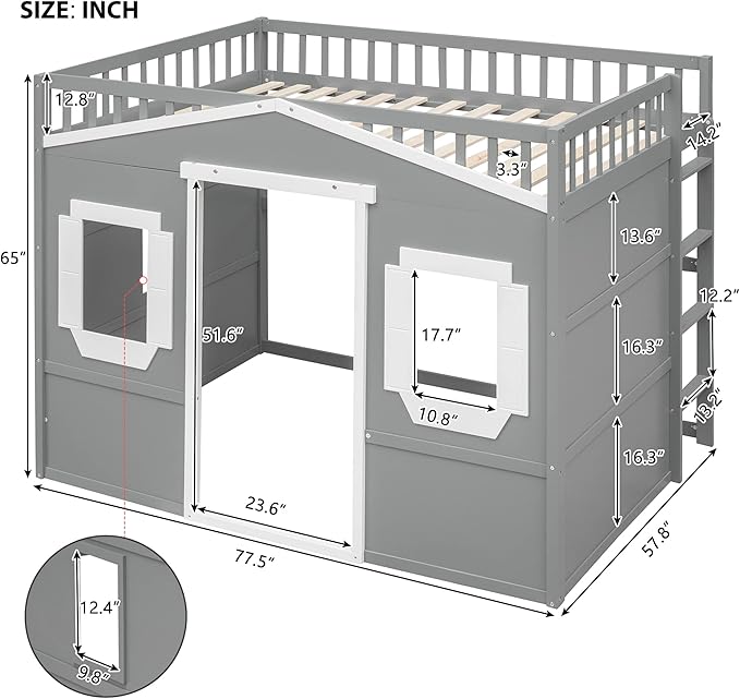 Full Size Loft Bed with Safety Guardrail for Kids Boys Girls, Playhouse Design Solid Wood Loft Bed Frame with Ladder and Windows, Strong Wood Slats Support, Space-Saving (Gray+White)