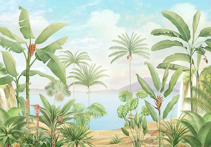 Green Banana Leaf Wallpaper Tropical Botanical Monstera Leaves Sea Mountain Cloud Wall Mural for Bedroom Livingroom (Not Self-Adhesive)