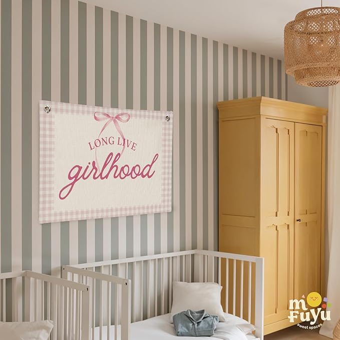 Girl Room Decor - Long Live Girlhood Linen Banner，Bow Nursery Decor for Girl,Swan Decor Wall Hanging for Nursery, Playroom, Kids Bedroom and Aesthetic Room Decor 30x20 Inch