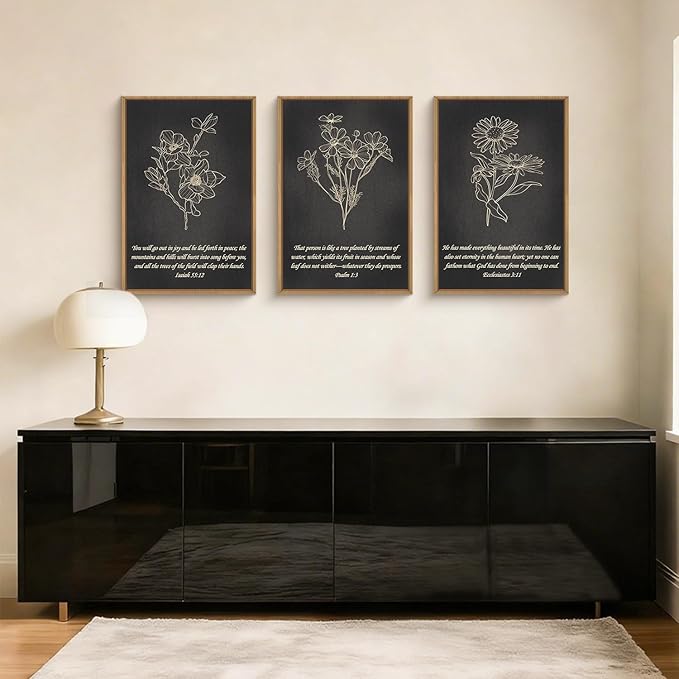 FWIEXA Black Christian Bible Verse Canvas Wall Art Set of 3, Minimalist Scripture Wall Decor, Religious Beige Abstract Floral Painting, 16x24In Vintage Artwork for Living Room,Bedroom,Prayer Room