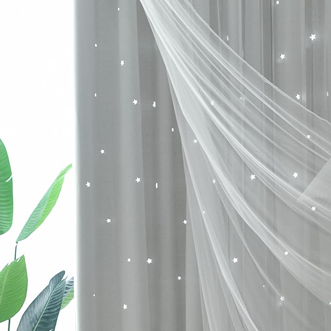 Kinryb Kids Star Cutout Curtains for Bedroom/Living Room/Classroom,2 Free Tiebacks Sheer Overlay 2 Panel Set, Double Layer Curtains for Kids Room(Each Piece W70xL72 Inches 2 Pcs Greyish White)