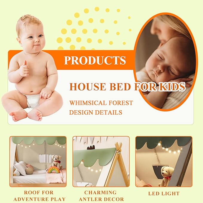 Full Size House Bed for Kids with Light and Tent, Montessori Floor Bed Full for Kids Girls Boys Teens Bedroom, White