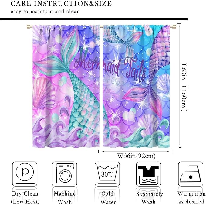 Dream Mermaid Curtain Colorful Mermaid Shell Ocean Theme Fantasy Blackout Curtains for Kids Boys Girls Bedroom Nursery Room Decor Rod Pocket Window Drapes 72x63in