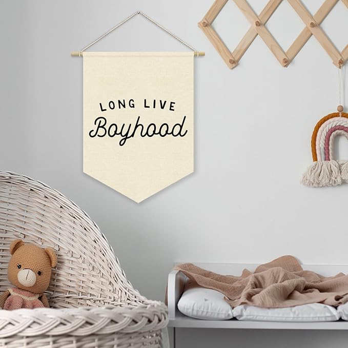 Boy Room Decor,Long Live Boyhood Canvas Banner Nursery Playroom Wall Decor for Boys Bedroom Toddler Decorations Teen Boy Room Decor,Playroom Decor Wall Hanging Flag 15x11 Inch（White)
