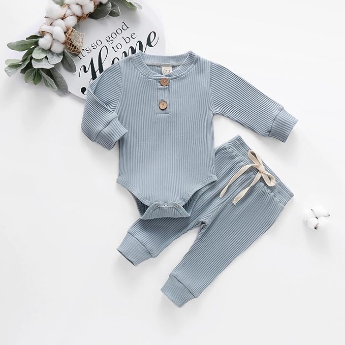 Newborn Baby Boy Girl Clothes Ribbed Knitted Cotton Long Sleeve Romper Long Pants Solid Color Fall Winter Outfits