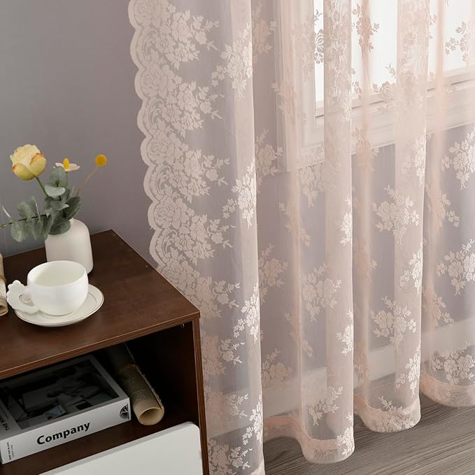 Kotile Blush Pink Lace Curtains 54 Inch Length - Country Rustic Floral Pattern Sheer Lace Curtains for Girls Bedroom, Privacy Short Sheer Curtain for Windows, 52 x 54 Inch, 2 Panels, Blush Pink