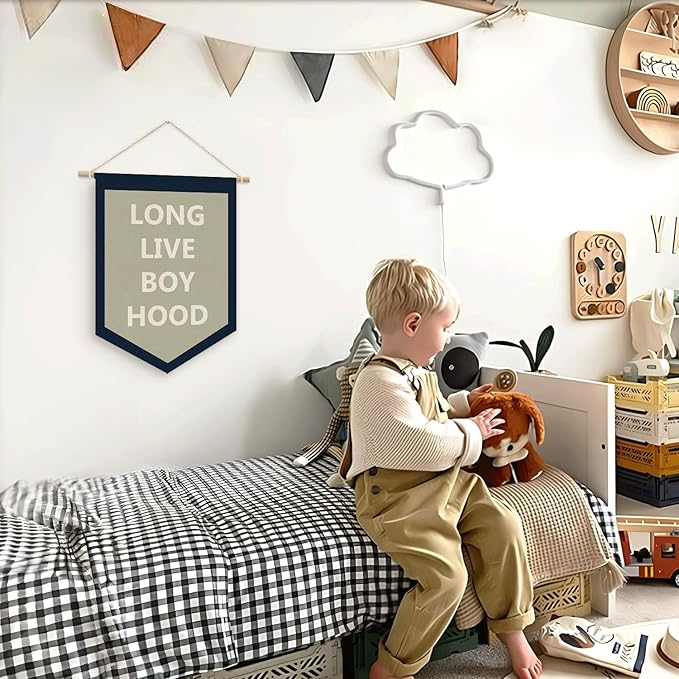 Long Live BoyHood Banner, Boy Room Decor, Boy Nursery Decor, Navy Blue Pennant Flag Wall Hanging Decor for Boys Bedroom Toddler Decorations