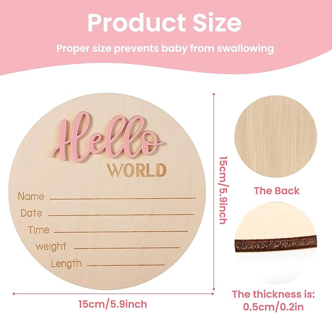 Baby Announcement Sign with Pen, 5.9 Inch Wooden Hello World Newborn Sign for Hospital, 3D Birth Announcement Board, Welcome Baby Name Signs for Nursery, Newborn Gift for Boy & Girl,Pink