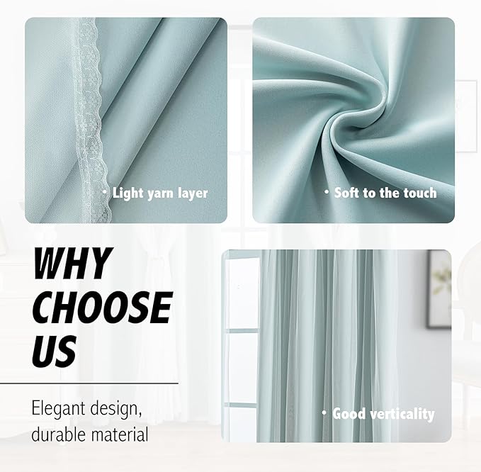 Anytime Home Curtains Blackout and Sheer Layered Solid Window Curtain Panel Pair with Grommet Top, 52Wx95L,Light Blue