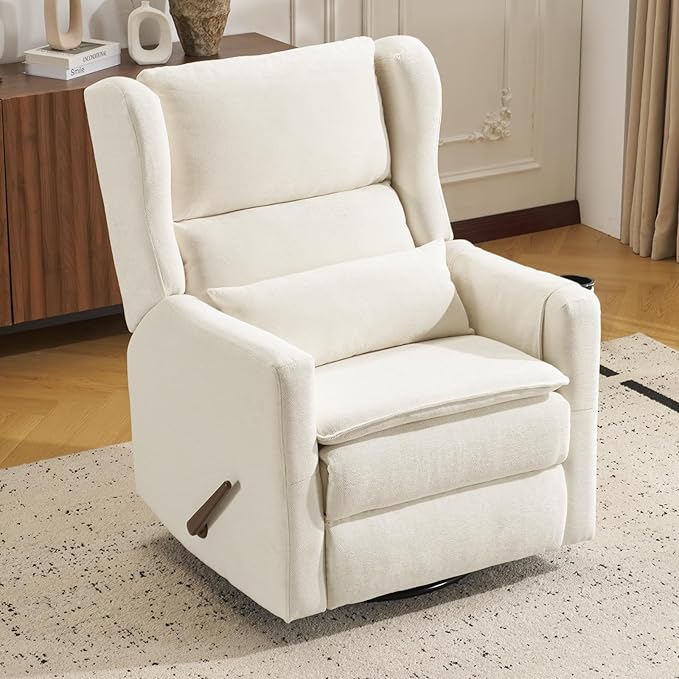 Swivel Rocker Recliner Chair with Adjustable Headrest,Rocking Recliner Chair for Nursery,Oversized Glider Rocking Chair with Double Cushion,Chenille,White