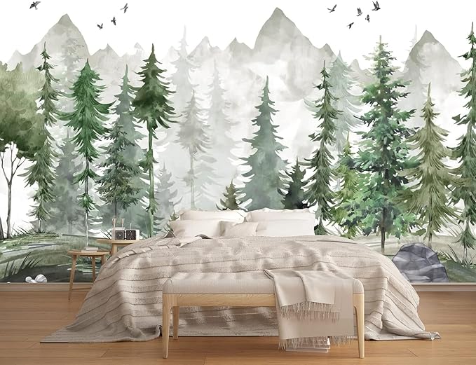 Forest Wallpaper Watercolor Green Woodland Mural Wallpaper for Nursery Room (Not Peel n' Stick)