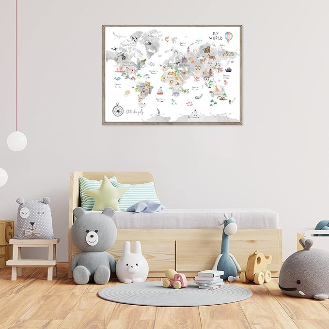 Grey Kids World Map Wall Art Animal Canvas Wall Art Nursery Wall Decor World Map Poster Playroom Prints Educational Artwork16x24 Inch Unframed