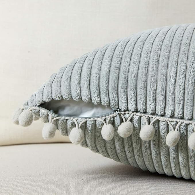 Fancy Homi 24x24 Pillow Covers, Pack of 2 Grey Throw Pillow Covers with Pom-poms, Super Soft Corduroy Square Solid Cushion Cover for Couch Sofa Bedroom Living Room 60x60 cm