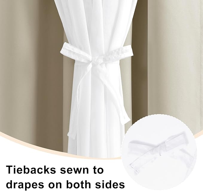 Hiasan Blackout Curtains with White Sheer Overlay, Double Layer Mix & Match Thermal Insulated Room Darkening Curtains for Girls Bedroom, Living Room, 2 Window Panels with Tiebacks, Taupe, 52W X 96L