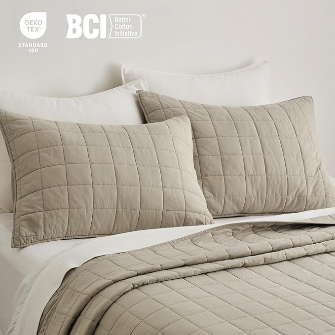 EVERGRACEHOME 100% Cotton Box Stitch Quilt Bedding Set Queen Size 3 Pieces, Garment-Washed Lightweight Soft Cozy Coverlet, Quilted Bedspread Sets with 2 Shams for All Season, Pebble Khaki