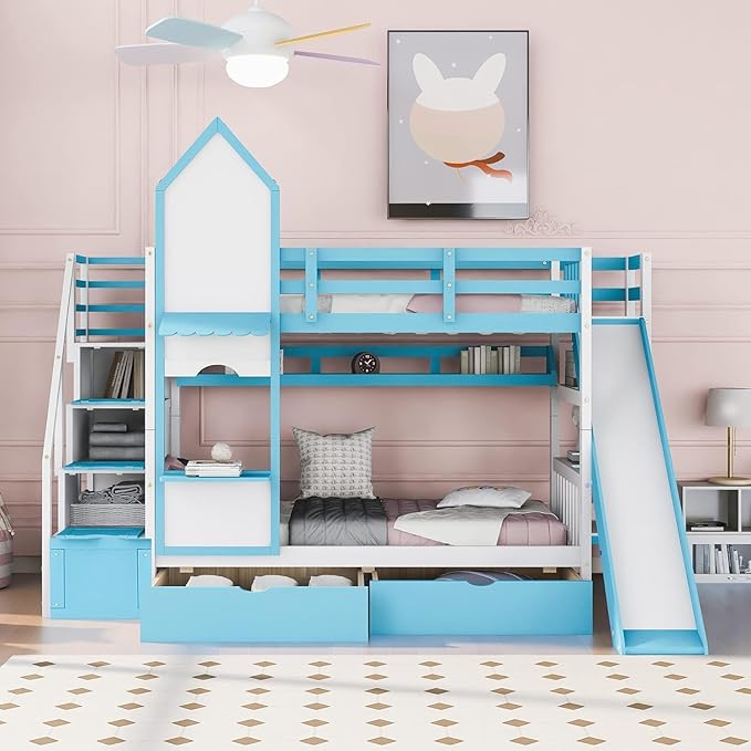 MERITLINE Twin Over Twin Castle Bunk Bed with Slide,Stairs and Drawers,Solid Wood Floor House Princess Bunk Bed with Storage Shelves (Blue)