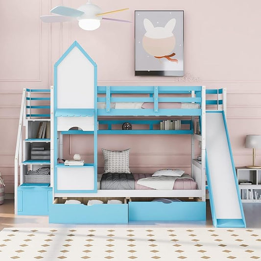 MERITLINE Twin Over Twin Castle Bunk Bed with Slide,Stairs and Drawers,Solid Wood Floor House Princess Bunk Bed with Storage Shelves (Blue)