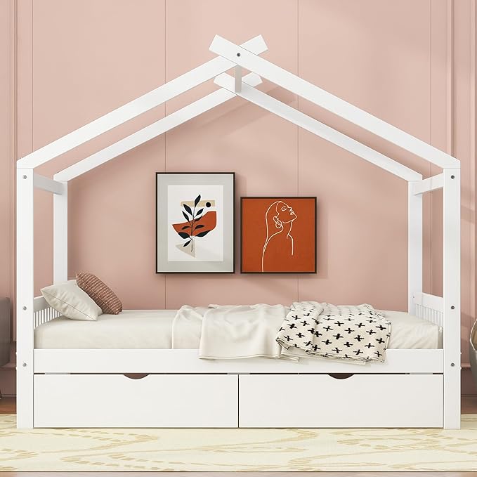 Harper & Bright Designs Full Size House Bed Frame for Kids, Wood Playhouse Platform Bed Frame with Two Drawers and Fence, Roof Design, White