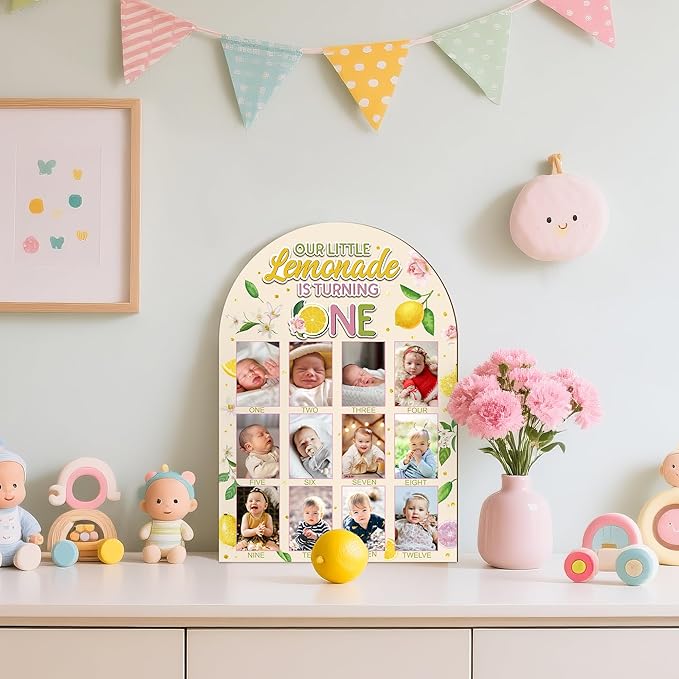 R HORSE My First Year Photo Display Wood Board - Baby’s First Year Picture Frame, 12 Months Milestone Board, 3D Lemon Neutral Baby Keepsake Gift One Year Old Birthday Nursery Decor for Girl Boy