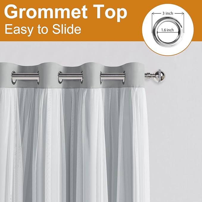 DWCN Layered Curtains for Living Room Blackout and Sheer Curtains Grommet Top Window Treatments with Sheer Overlay for Bedroom, 52 W by 96 L, Cloud Grey, 2 Pieces