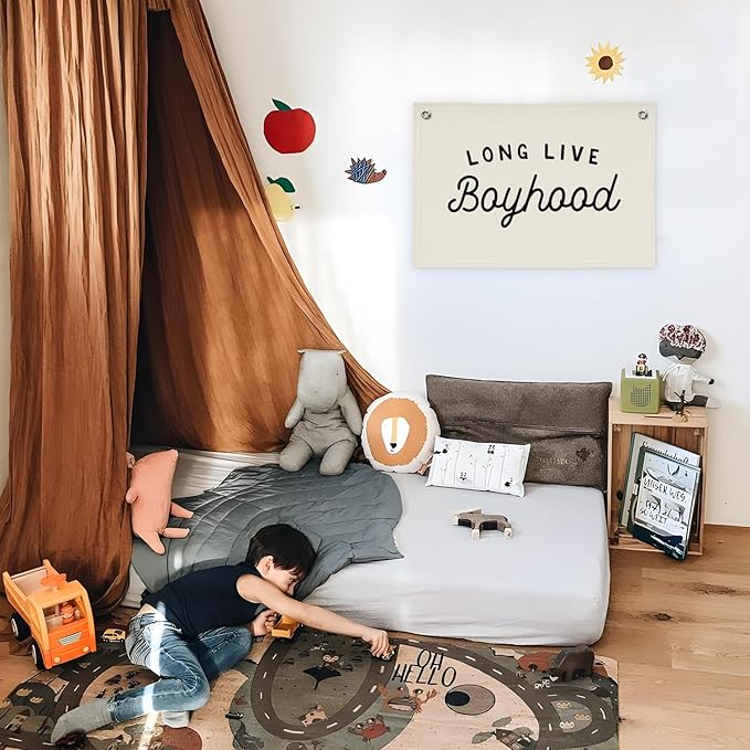 Long Live Boyhood Banner Boy Room Decor,Playroom Decor Nursery Wall Decor for Boys Bedroom Living Room, Baby Shower Gifts, kid's banners Wall Hanging Flag Linen Banner 30x20(off-white)