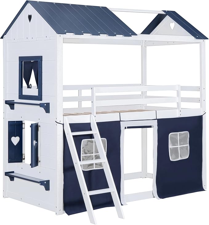 Full Size House Bunk Bed with Elegant Windows and Sills, Solid Wood Tent Bed Frame with Guardrails for Kids Teens Boys Girls, Versatile Spacious Under Bed Space with Curtains (White+Blue C)