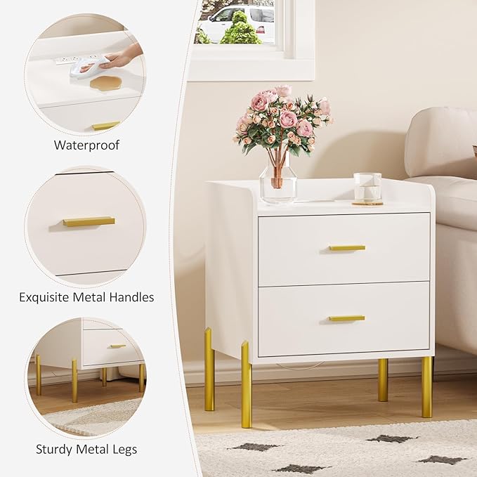 Vabches Nightstand with Built-in Charging Station, White Mid Century Modern Nightstand for Bedroom, Stylish End Tables for Lamps, Books