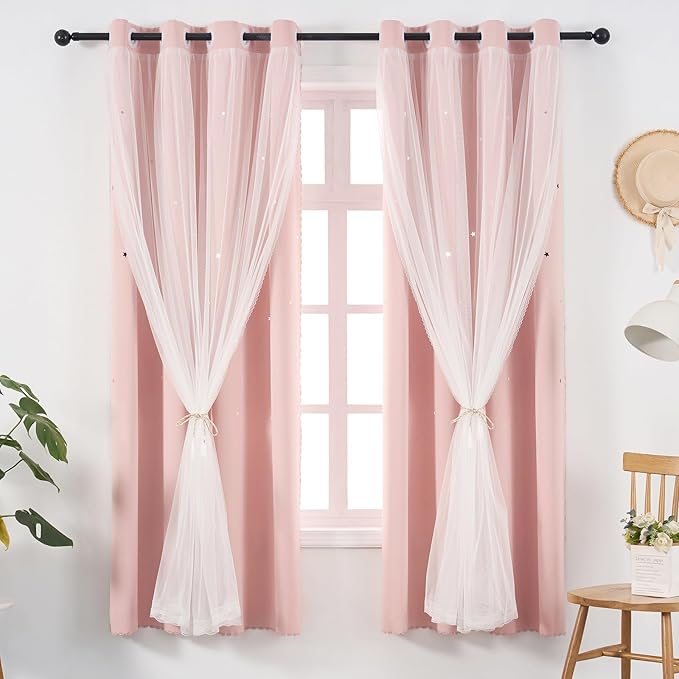 Light Pink Blackout Curtains for Girls Bedroom - Aesthetic Star Cutout Double Layer with White Sheer Overlay, 84 Inch Length 2 Panels Cute Curtain Baby Nursery Teens Room Decor Drapes