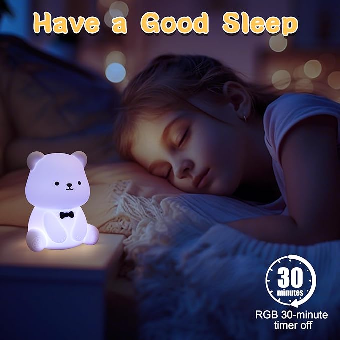 YuanDian Cute Bear Night Light for Kids, Decorate Kids' Bedroom with Silicone Bear Nightlights with 8 Color Lights, Christmas Birthday Gift for Children Toddlers Teens Adults Babies