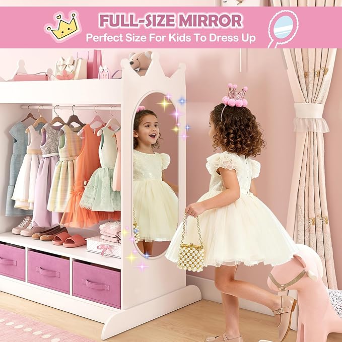 COSVALVE JOYLDIAS Kids Dress Up Storage with Mirror and Drawers, Kid Armoire Dresser, Pretend Storage Closet for Kids, Costume Wardrobe with Top Shelf for Playroom Bedroom, Lovely White