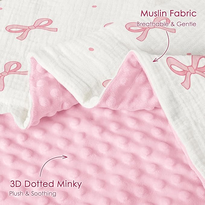Bow Baby Blankets for Girls, Soft Nursery Minky Blankets with Muslin and Dotted Fleece Back 30x40 inches, Receiving Bed Quilt for Newborn, Infants, Toddlers
