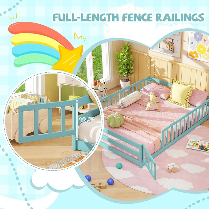 Giantex Full Floor Bed with Door & Fence, Kids Wood Montessori Beds with Safety Guardrails, Floor Bed Twin for Kids, Boys, Girls, No Box Spring Needed, ICY Aqua
