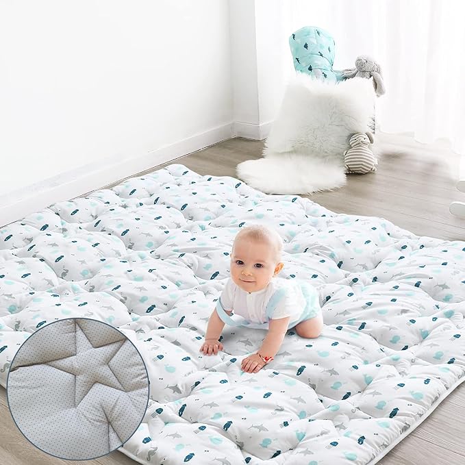 Baby Play Mat for Boys Girls,50'' x 50'' Baby Playmat for Playpen, One-Piece Crawling Play Mat Non Slip, Toddlers, White Ocean