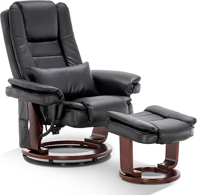 MCombo Swivel Recliner with Ottoman Chair, TV Chair Sets with Vibration Massage, for Small Space Living Room Bedroom 9096 9099 (Textile, Black)