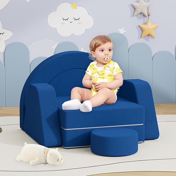 7 PCS Modular Kids Play Block Couch Child Sectional Sofa Toddler Building Fortplay Bedroom Playroom Baby Convertible Floor Foam Cushion for Boys & Girls (Blue-Single)