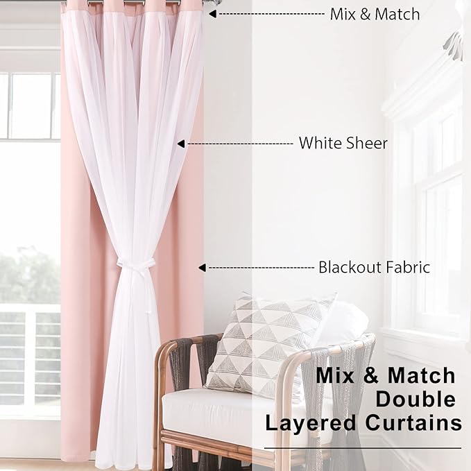 Hiasan Blackout Curtains with Sheer Overlay, Thermal Insulated Mix & Match Double Layer Room Darkening Window Curtains for Bedroom,Living Room,Nursery 2 Panels with Tiebacks (52W X 63L,Blush Pink)