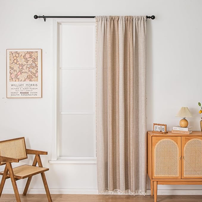 Deeprove Boho Curtains 96 Inches Long for Bedroom Dining Room Nursery, Cotton Linen Stripes Embroidery, Bohemian Farmhouse Window Treatment Drape Tassels, 1 Panel W52 x L96, Khaki and Coffee